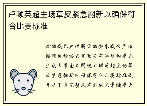 卢顿英超主场草皮紧急翻新以确保符合比赛标准