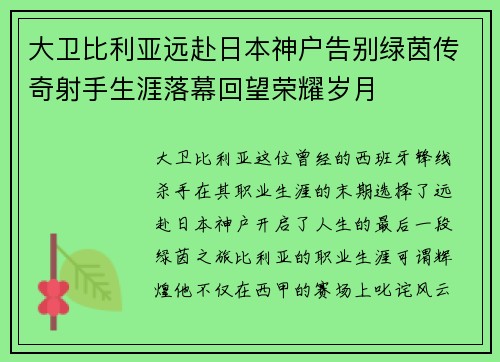 大卫比利亚远赴日本神户告别绿茵传奇射手生涯落幕回望荣耀岁月 大卫比利亚远赴日本神户告别绿茵传奇射手生涯落幕回望荣耀岁月